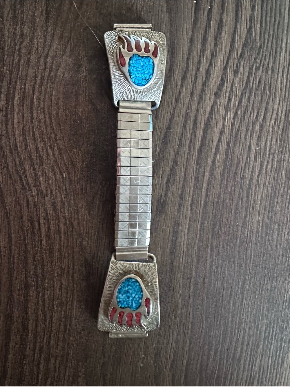 Turquoise Inlay Bear Claw Stretch watch band Bracelet - Silver Tone Accessory